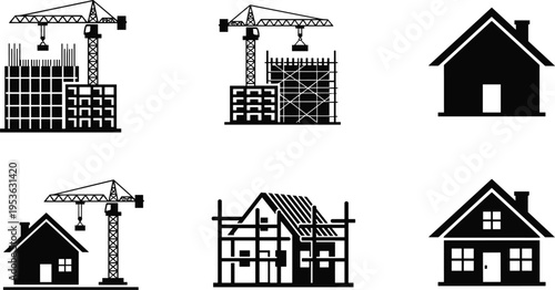 House construction stages icons set, building process from foundation to finished home, real estate development concept, black vector illustration design
