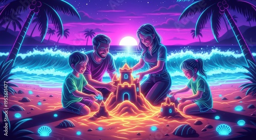 Family Building Sandcastle at Neon Beach Sunset