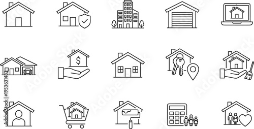 Set of real estate icons representing houses, home ownership, and property investment opportunities