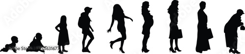 Woman life stages silhouette, aging progression, human development, female growth, childhood to elderly, black silhouette art, lifetime journey, generational change