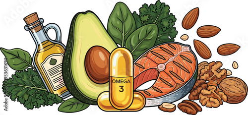 Healthy Omega 3 fatty acid food sources with salmon avocado nuts and supplement