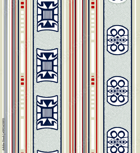A symmetrical textile design of colorful vertical stripes and cultural geometric motifs, ideal for fashion and decorative applications.