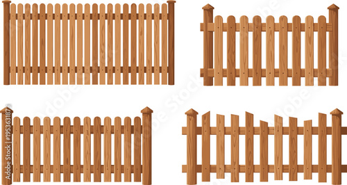 Set of various wooden garden fences and pickets isolated on white