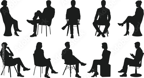 Silhouette people sitting, chair posture icons, body language illustration, modern stool design, ergonomic seating figures, communication gesture silhouettes, seated activity set