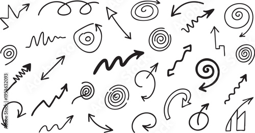 Hand-Drawn Spiral Arrow Vector Set: Sketchy Doodle Pointers and Swirls