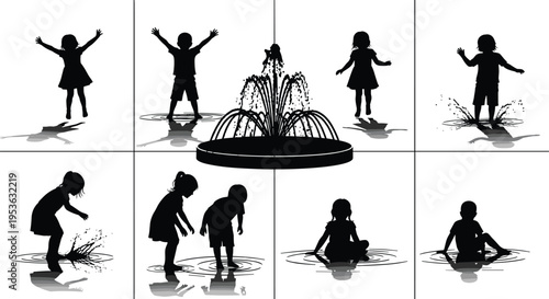 Children playing in water fountain silhouette set, kids splashing and jumping, summer outdoor activity, joyful childhood concept, black vector illustration design