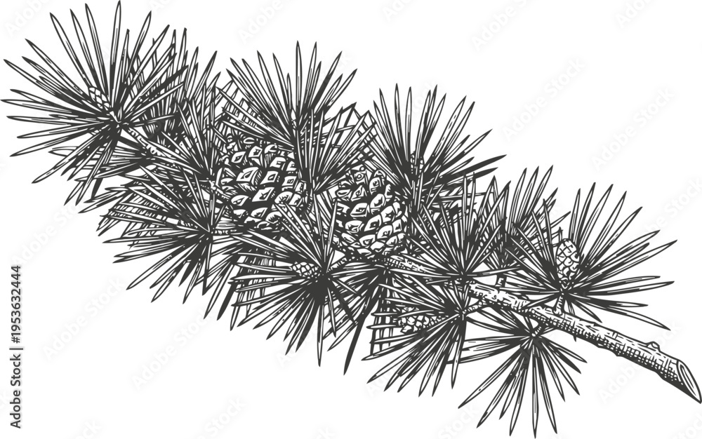 Fototapeta premium Black and white illustration of a pine branch with pine cones and long needles