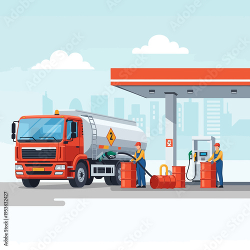 Fuel tanker truck refueling barrels at a gas station with workers and cityscape in background