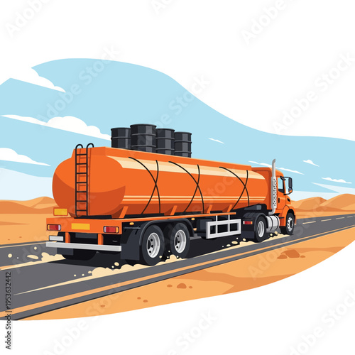 Orange fuel tanker truck driving on a desert road with barrels on top