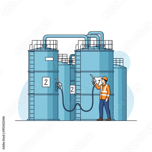 Industrial fuel storage tanks with a worker holding a refueling nozzle