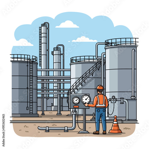 Industrial plant worker monitoring gauges at a large storage facility with pipelines and tanks