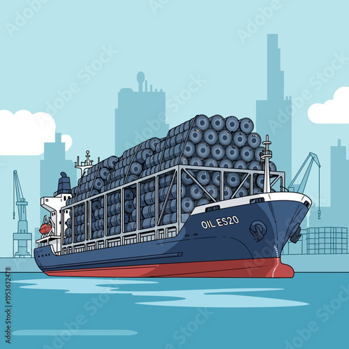 Large cargo ship loaded with oil barrels sailing through calm waters near a city skyline