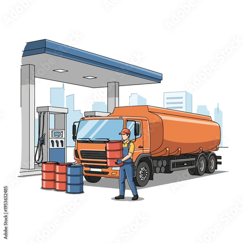 Fuel delivery truck and worker at gas station loading barrels