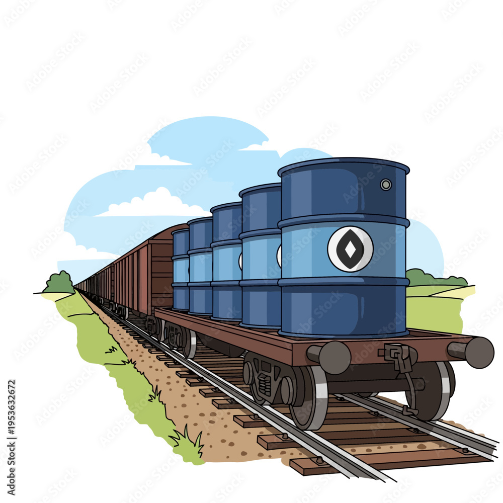 Obraz premium Blue oil barrels transported on a cargo train along railway tracks outdoors