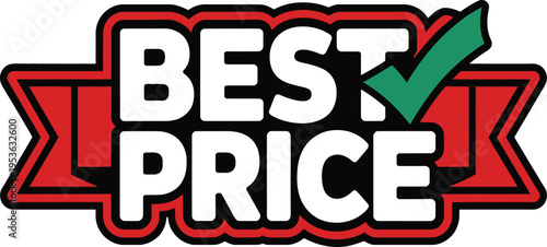 Best price badge with red ribbon and green check mark for sale promotions and marketing advertising great deal