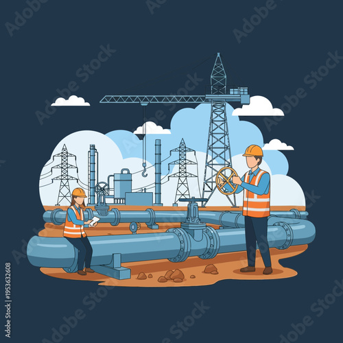Construction site with engineers overseeing pipeline installation and industrial plant operations