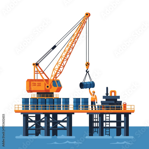 Oil rig worker loads barrels with crane on offshore platform at sea