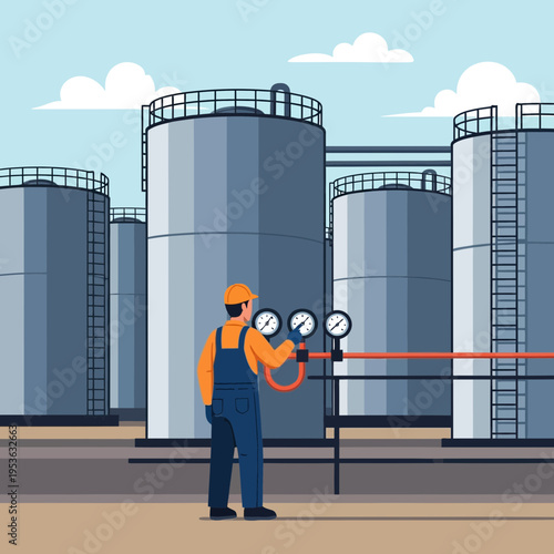 Industrial worker monitoring pressure gauges at an oil depot storage facility with large tanks