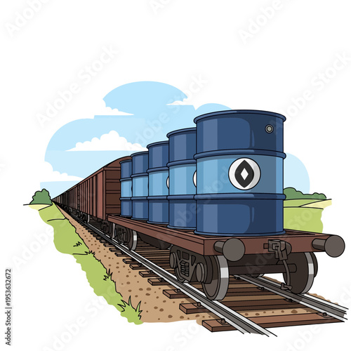 Blue oil barrels transported on a cargo train along railway tracks outdoors
