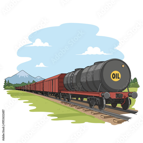Long cargo train with oil tanker cars moving on railroad tracks through a scenic landscape