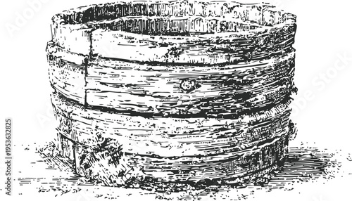 Old wooden barrel with metal hoops, vintage container for storage or aging liquids