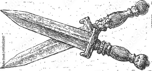 Pair of antique crossed daggers with ornate handles, vintage weaponry illustration