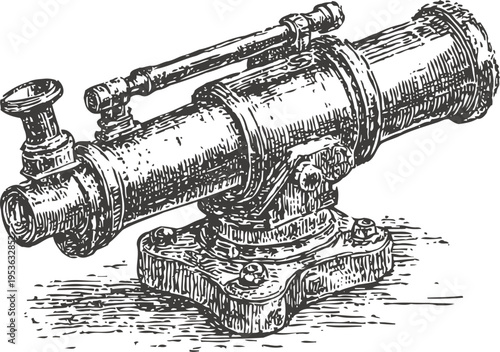 Vintage theodolite instrument for land surveying and measurement detailed drawing illustration