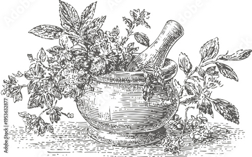 Vintage mortar and pestle with herbs hand drawn botanical illustration of medicinal plants and natural remedy