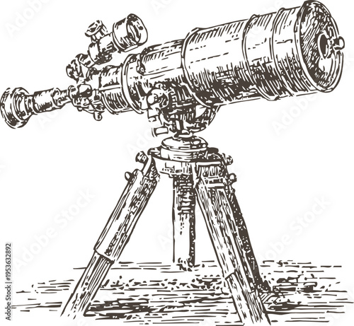 Vintage telescope on tripod sketch antique astronomical instrument for stargazing and observation
