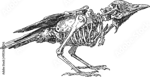 Detailed illustration of a bird skeleton showing bones and wing structure anatomical anatomy sketch drawing