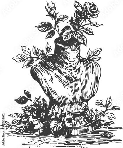 vintage mannequin bust entwined with blooming rose plants and foliage, hand drawn monochrome