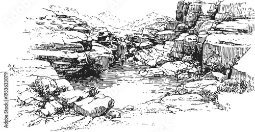 Rocky canyon landscape with natural pool and rugged cliffs detailed black and white drawing