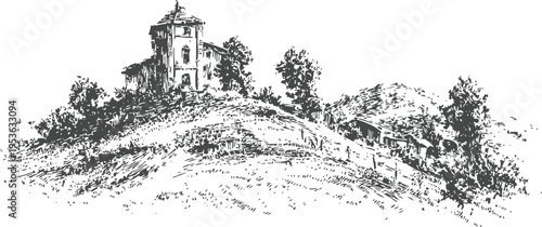 Vintage countryside landscape with old farmhouse on hill, trees and rural scenery sketch drawing
