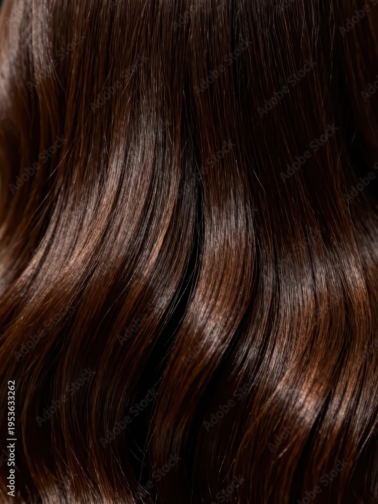 Fototapeta premium A close-up of dark brown wavy hair, clearly showing the smooth and shiny healthy texture of the hair strands, making it a material image suitable for hair, hair quality and hairdressing scenarios. 