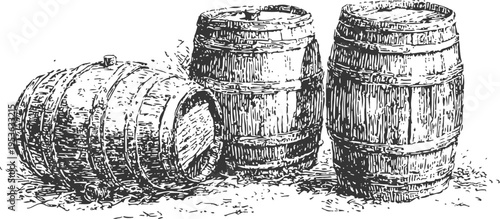 three wooden barrels standing and one laying on the ground with rustic texture and shading