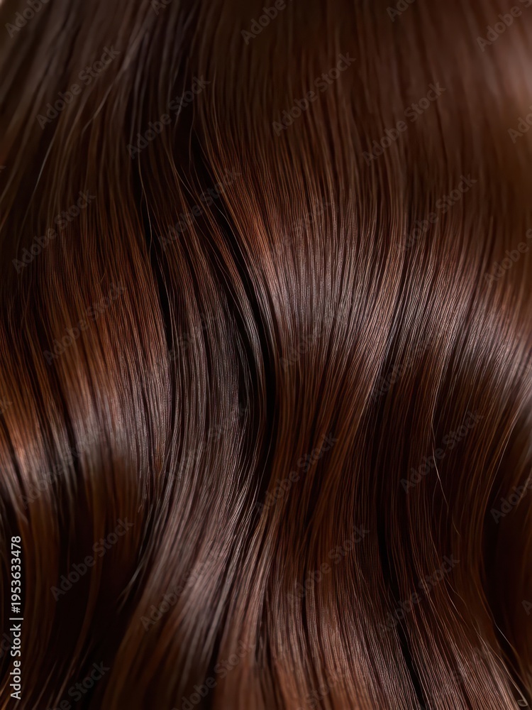 Naklejka premium A close-up of dark brown wavy hair, clearly showing the smooth and shiny healthy texture of the hair strands, making it a material image suitable for hair, hair quality and hairdressing scenarios. 