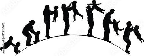 Silhouettes of parents playing with babies and toddlers in various poses on a curved hill, family bonding and childhood concept