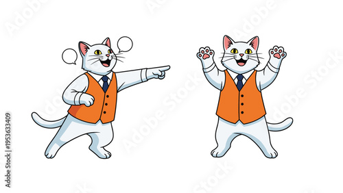 Energetic white cat character wearing an orange vest points and cheers with excitement in two different action poses.