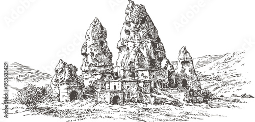 Ancient rock formations with traditional stone houses nestled in a mountainous landscape sketch