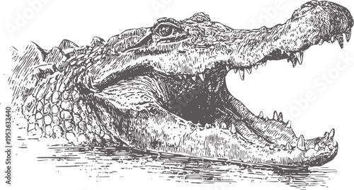 Detailed hand drawn illustration of a crocodile head with open jaws showing teeth and scales