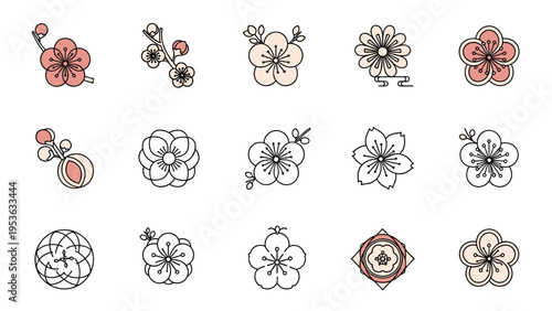Various styles of plum blossom icons and floral arrangements in soft pink and white colors for decorative spring designs.
