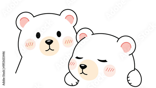 Adorable white polar bear cubs with pink cheeks look forward with sweet and sleepy expressions in a minimalist style.