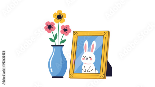 Gold framed picture of a cute white rabbit sitting next to a blue vase filled with colorful pink and yellow flowers.