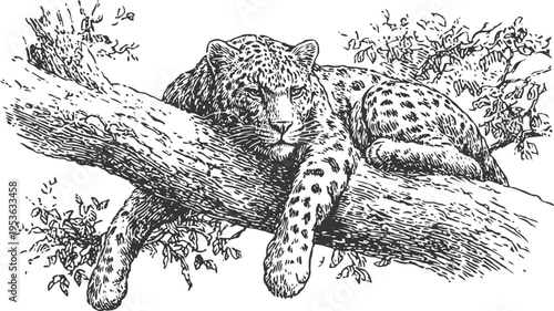 Leopard resting on tree branch wild cat lying relaxed among foliage, nature and wildlife illustration