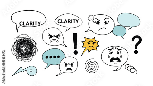 Collection of emotional speech bubbles with faces representing anger, confusion, sadness, and clarity for design work.