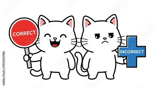 Pair of white cats holding signs for correct and incorrect answers with happy and grumpy facial expressions.