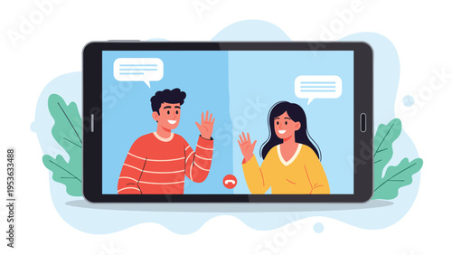 Two young people having a friendly video call conversation on a tablet screen with speech bubbles and waving hands.