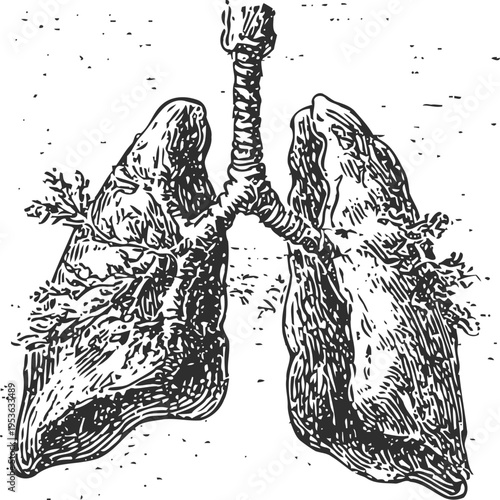Detailed vintage illustration of human lungs anatomy with trachea and bronchial branches