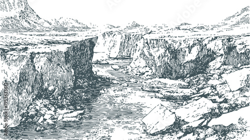 rocky canyon gorge with flowing river and rugged cliffs in natural landscape