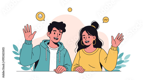 Friendly young man and woman waving their hands and smiling warmly against a background with soft plant leaves.